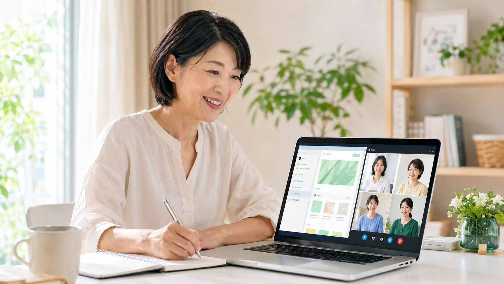 少人数のオンライン講座で、安心して質問しながらWebページを作る女性